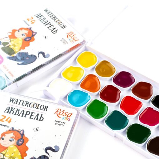 Rosa Kids Set Of Watercolor Paints Cats With A Girl, 24 Colors, Without A Brush